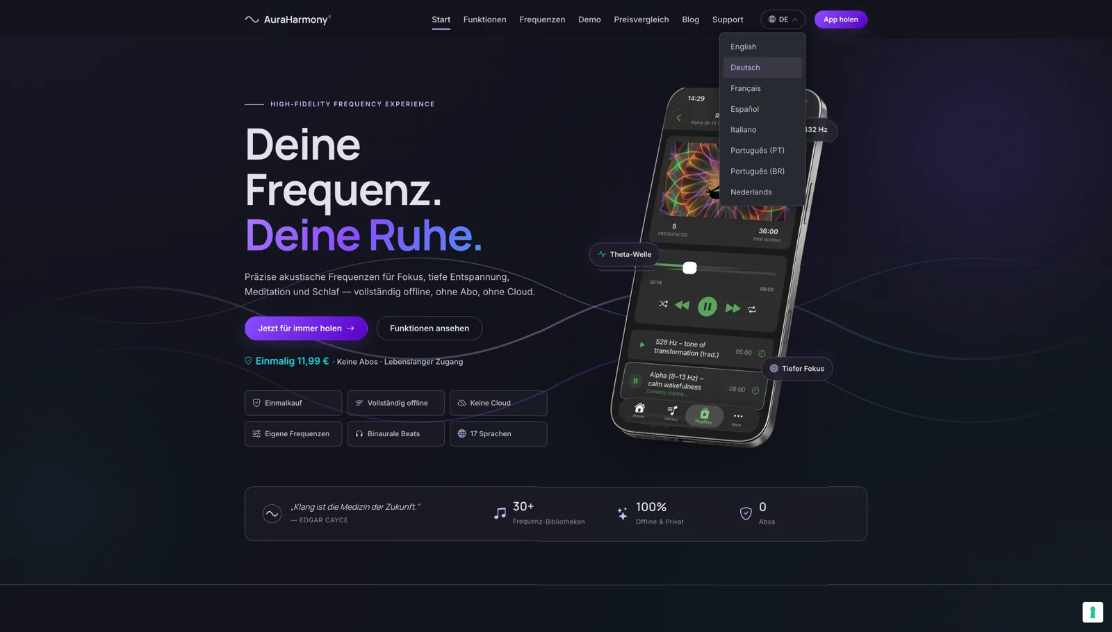 Screenshot der AuraHarmony-Startseite mit App-Darstellung und geöffnetem Sprachmenü