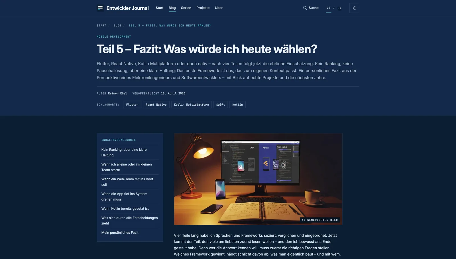 Screenshot einer Entwickler-Journal-Artikelseite mit Metadaten, Inhaltsverzeichnis und Beitragsbild