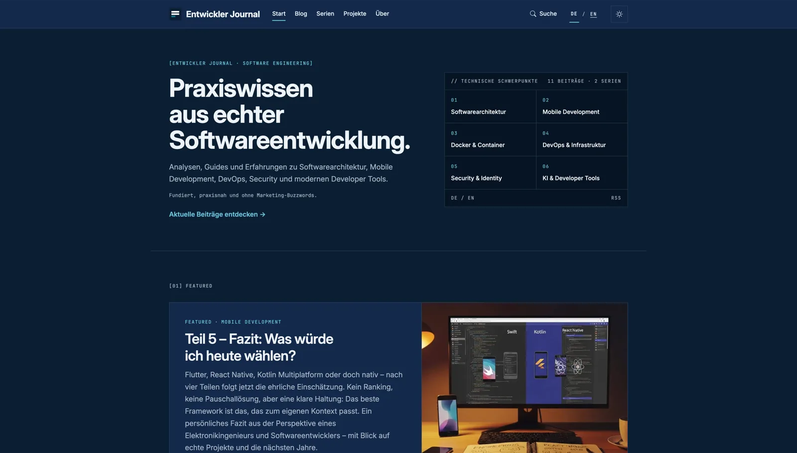 Screenshot der Entwickler-Journal-Startseite mit technischem Schwerpunktbereich und hervorgehobenem Fachbeitrag
