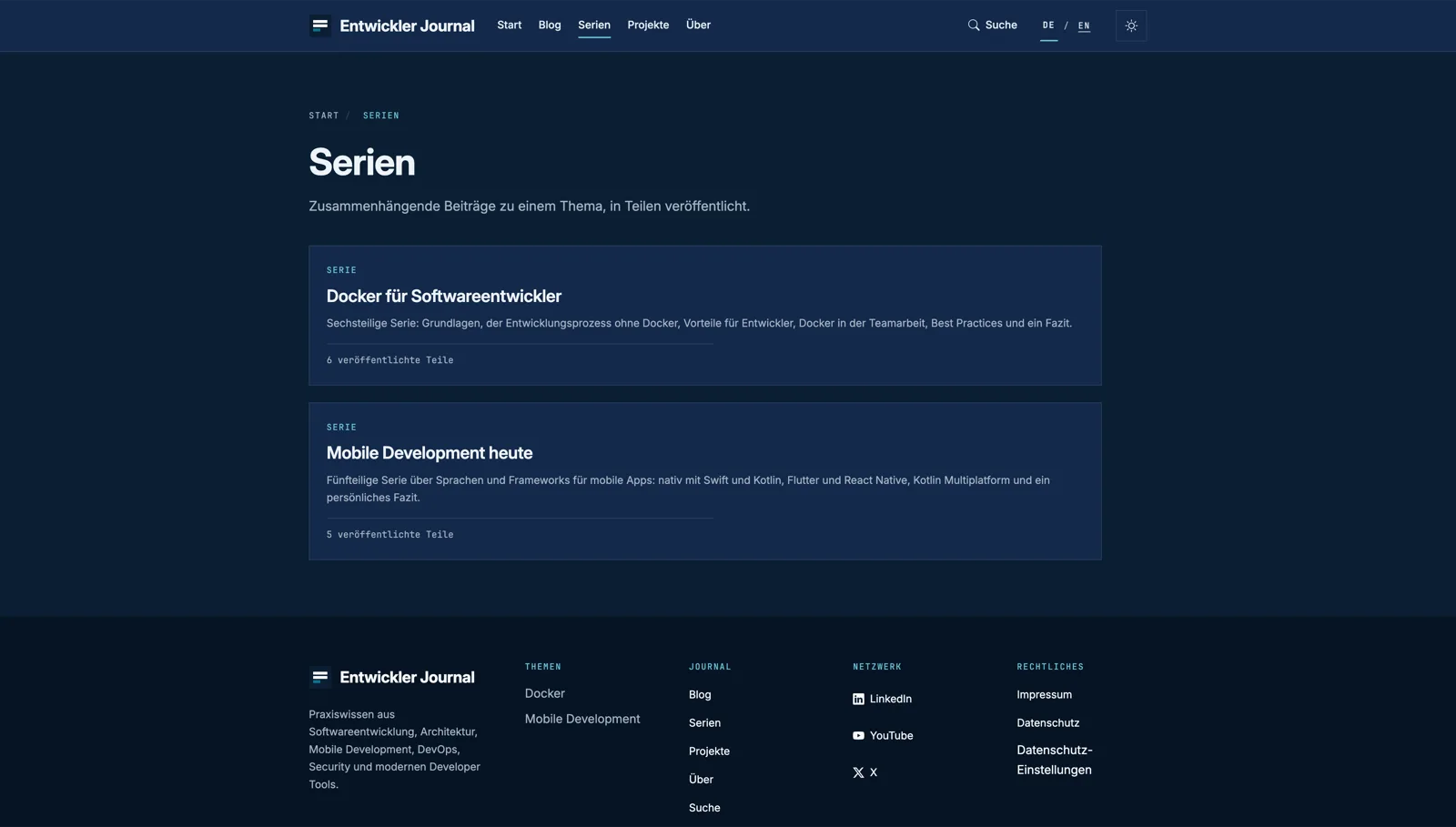 Screenshot der Entwickler-Journal-Serienübersicht mit den Serien „Docker für Softwareentwickler“ und „Mobile Development heute“