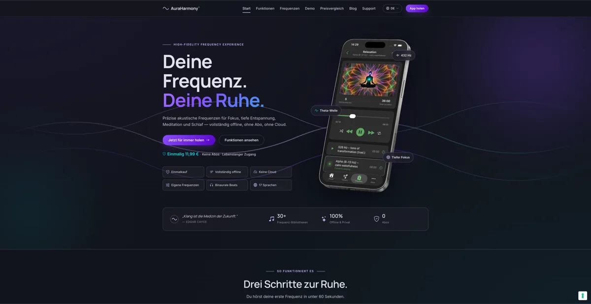 Screenshot der AuraHarmony-Produktwebsite mit App-Darstellung und Produktinformationen