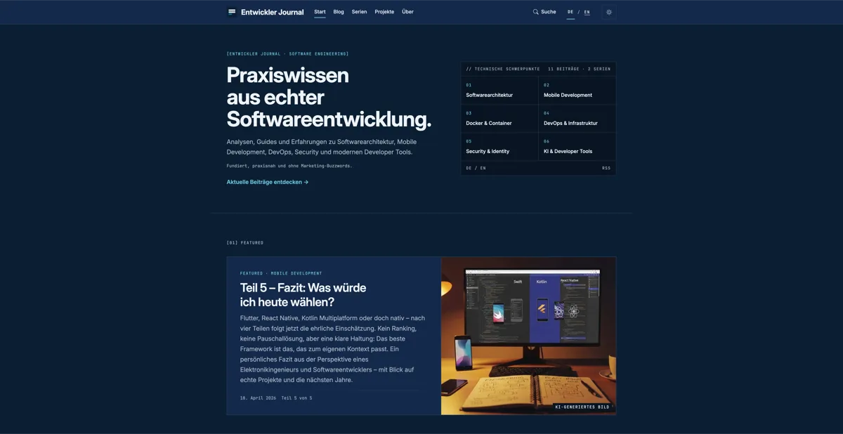 Screenshot der Entwickler-Journal-Startseite mit Editorial-Bereich und hervorgehobenem Fachbeitrag