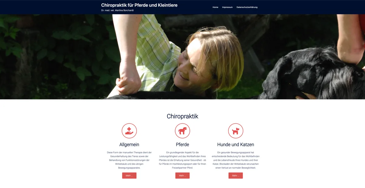 Screenshot der Website Tierchiropraktik Borchardt mit Hero-Fotografie und Leistungsübersicht